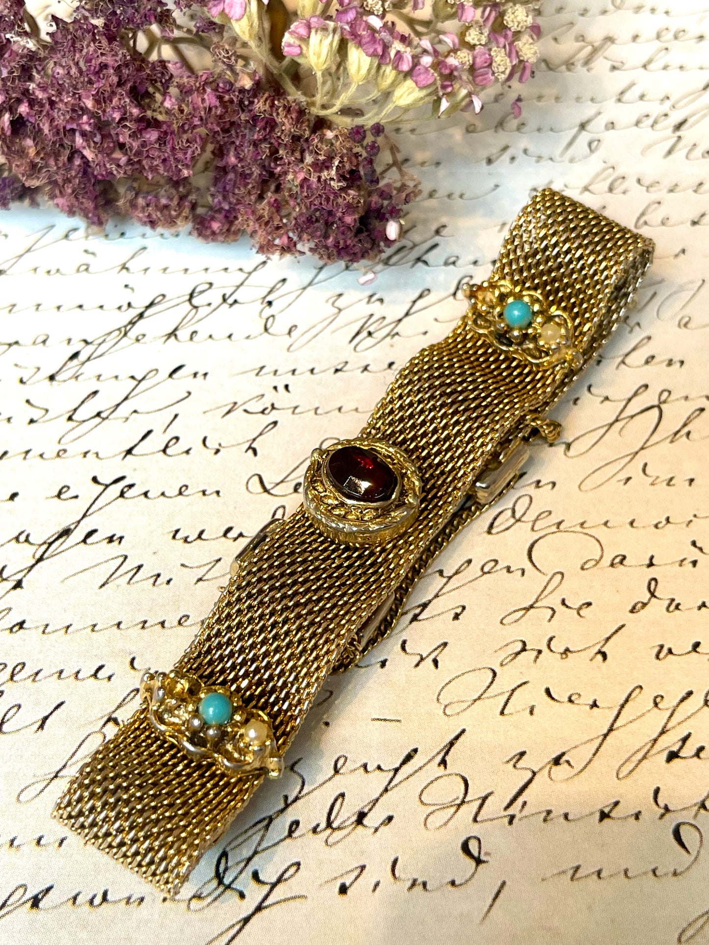Elegante bracciale in maglia dorata, Goldette, anni ‘50