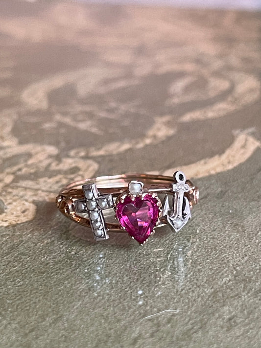 Stupendo anello Fede, Speranza e Carità, epoca vittoriana