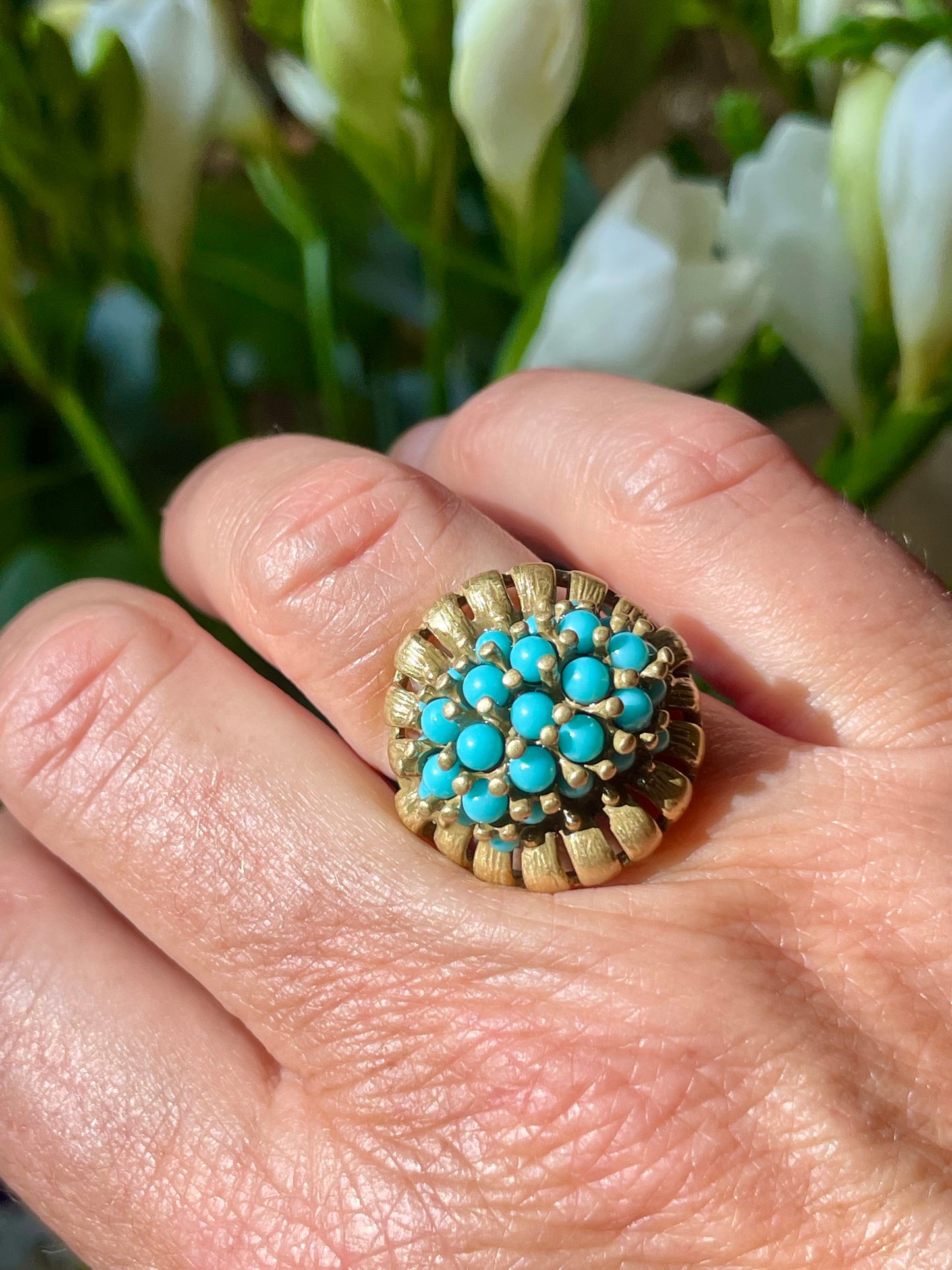 Anello Atomic Style con pasta di turchesi, anni ‘50