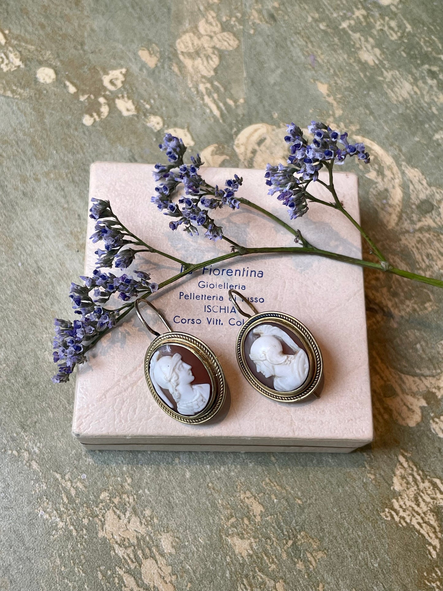 Orecchini con cammeo conchiglia intagliato con profili neoclassici, epoca vittoriana