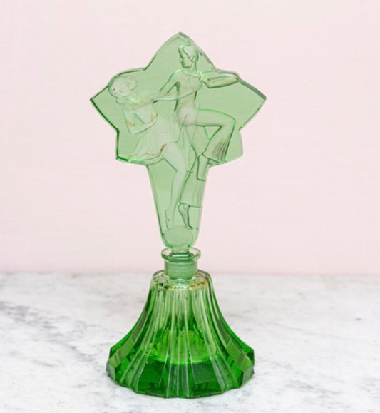 Flacone porta profumo in cristallo verde, anni ’30