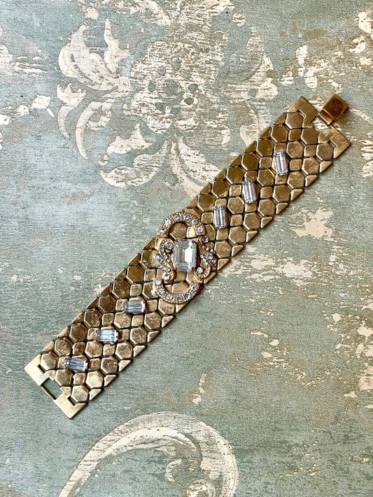 Luminoso Bracciale a maglia nido d’ape con strass, anni ‘50