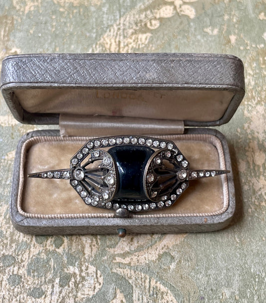Elegante spilla in pasta di vetro e strass, Art Deco