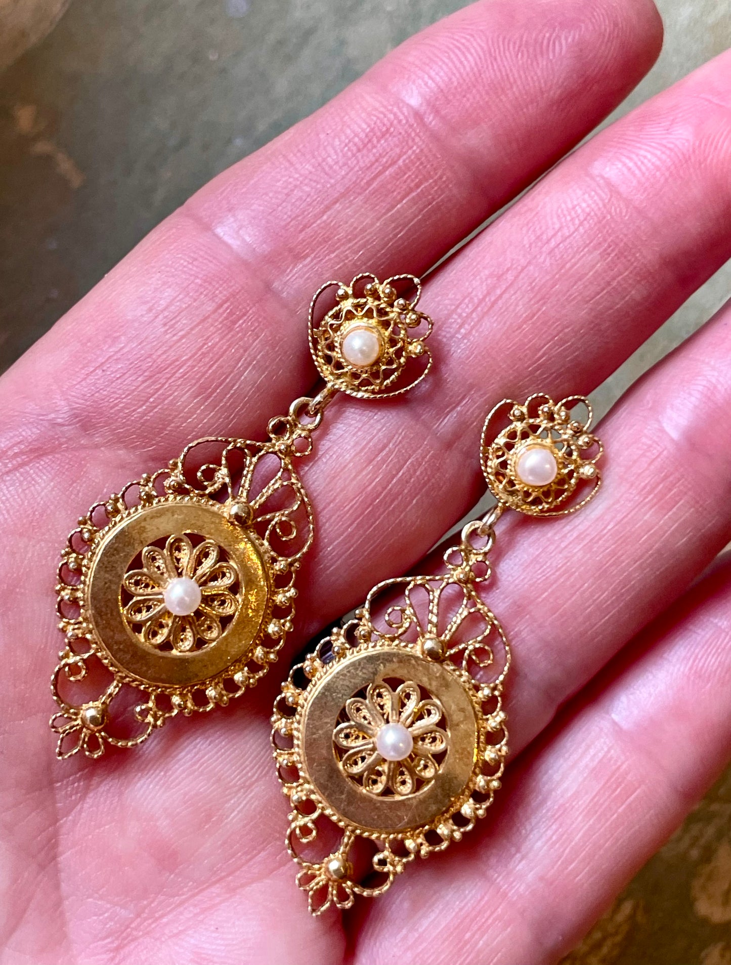 Raffinati orecchini in argento vermeil e perle, stile Direttorio
