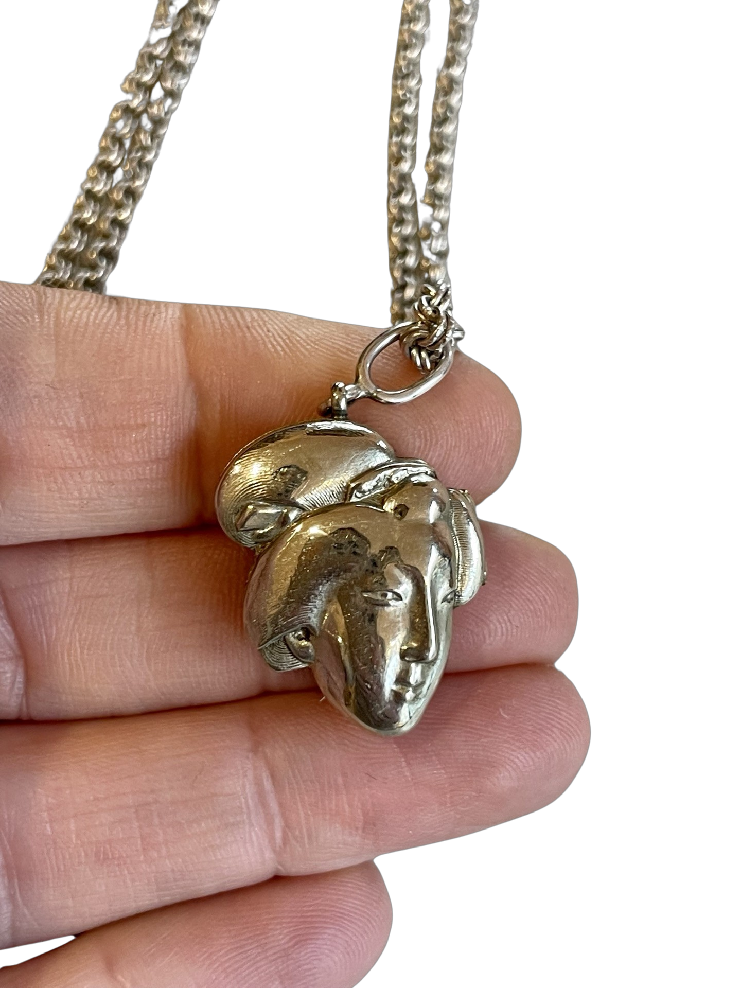 Collana in argento con locket con personaggio giapponese, epoca edoardiana