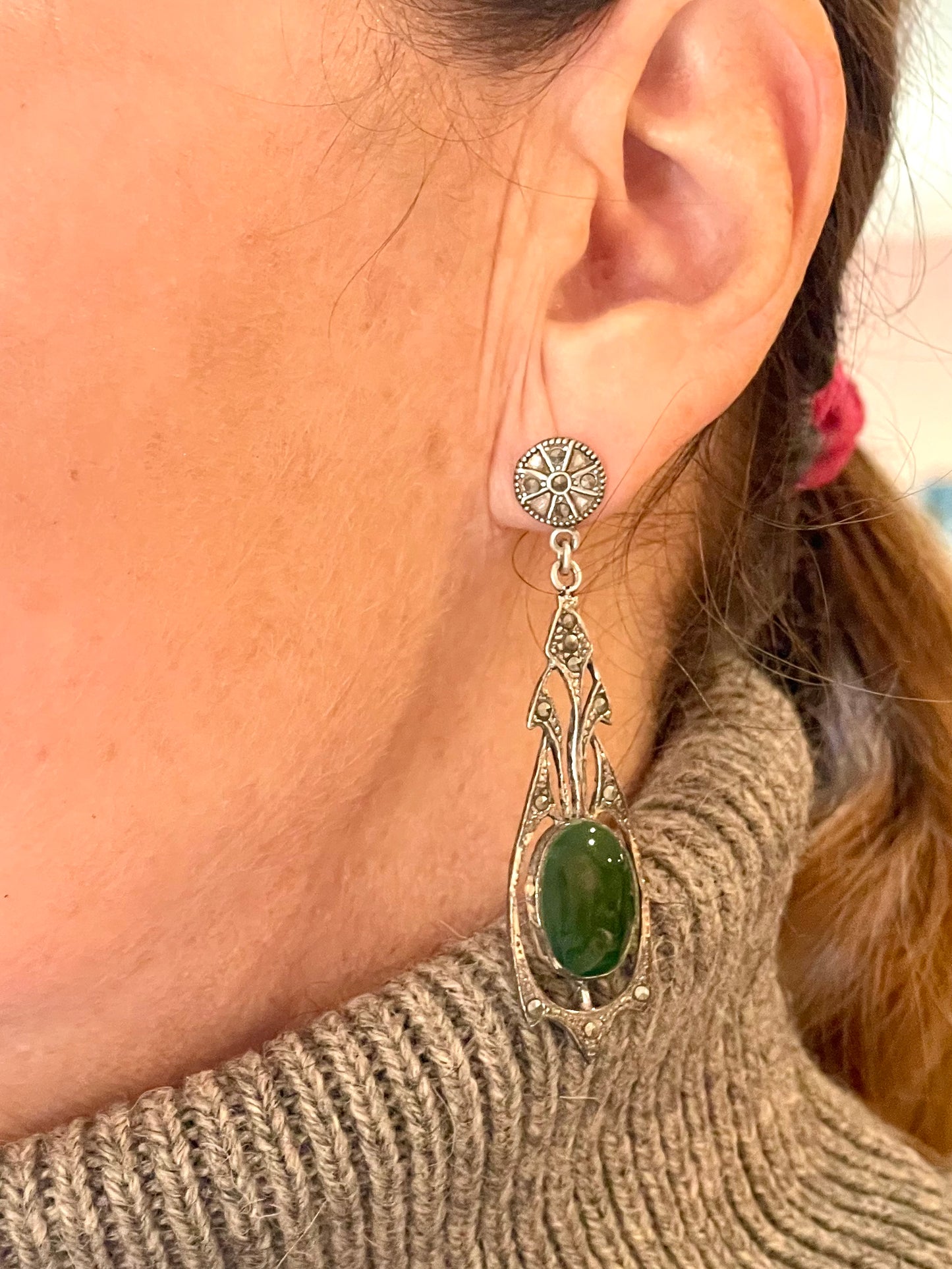 Orecchini Art Nouveau in argento, marcassite e smalto