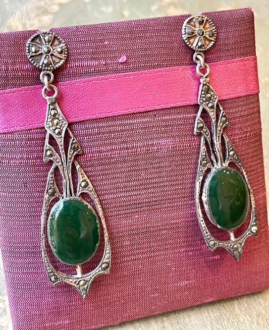 Orecchini Art Nouveau in argento, marcassite e smalto