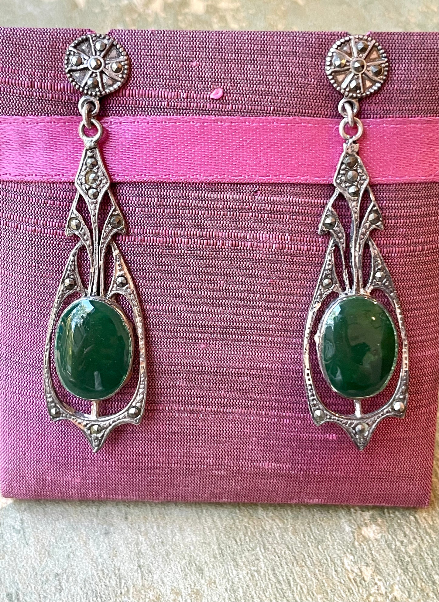 Orecchini Art Nouveau in argento, marcassite e smalto