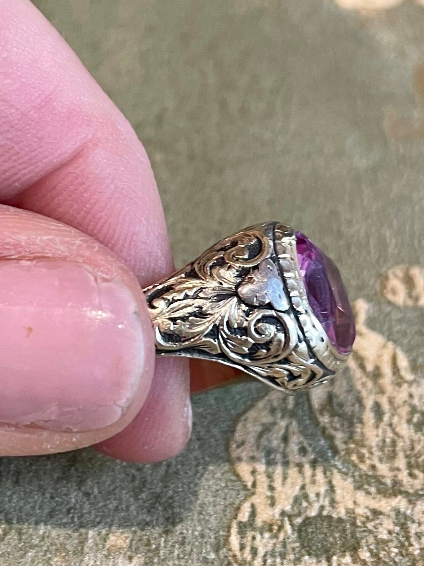 Anello in oro, argento e cristallo rosa, vittoriano