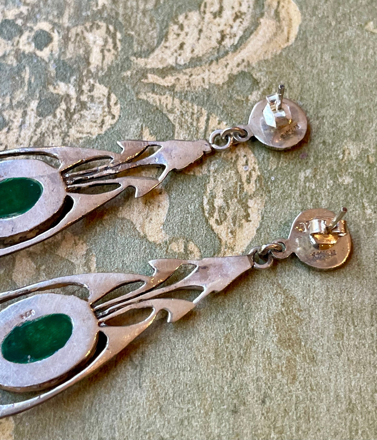 Orecchini Art Nouveau in argento, marcassite e smalto