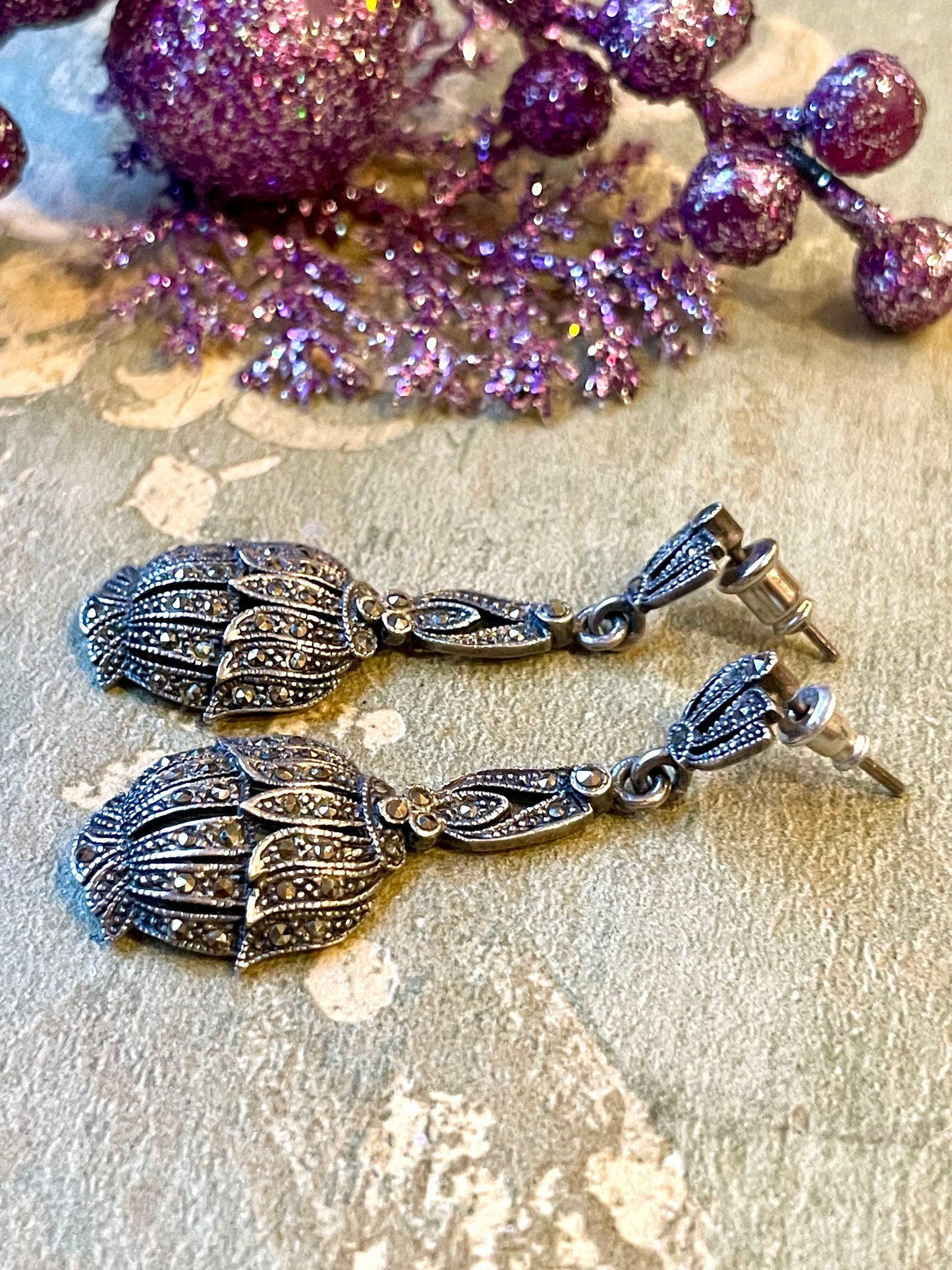 Orecchini Pigne in argento e marcassite, anni ‘50