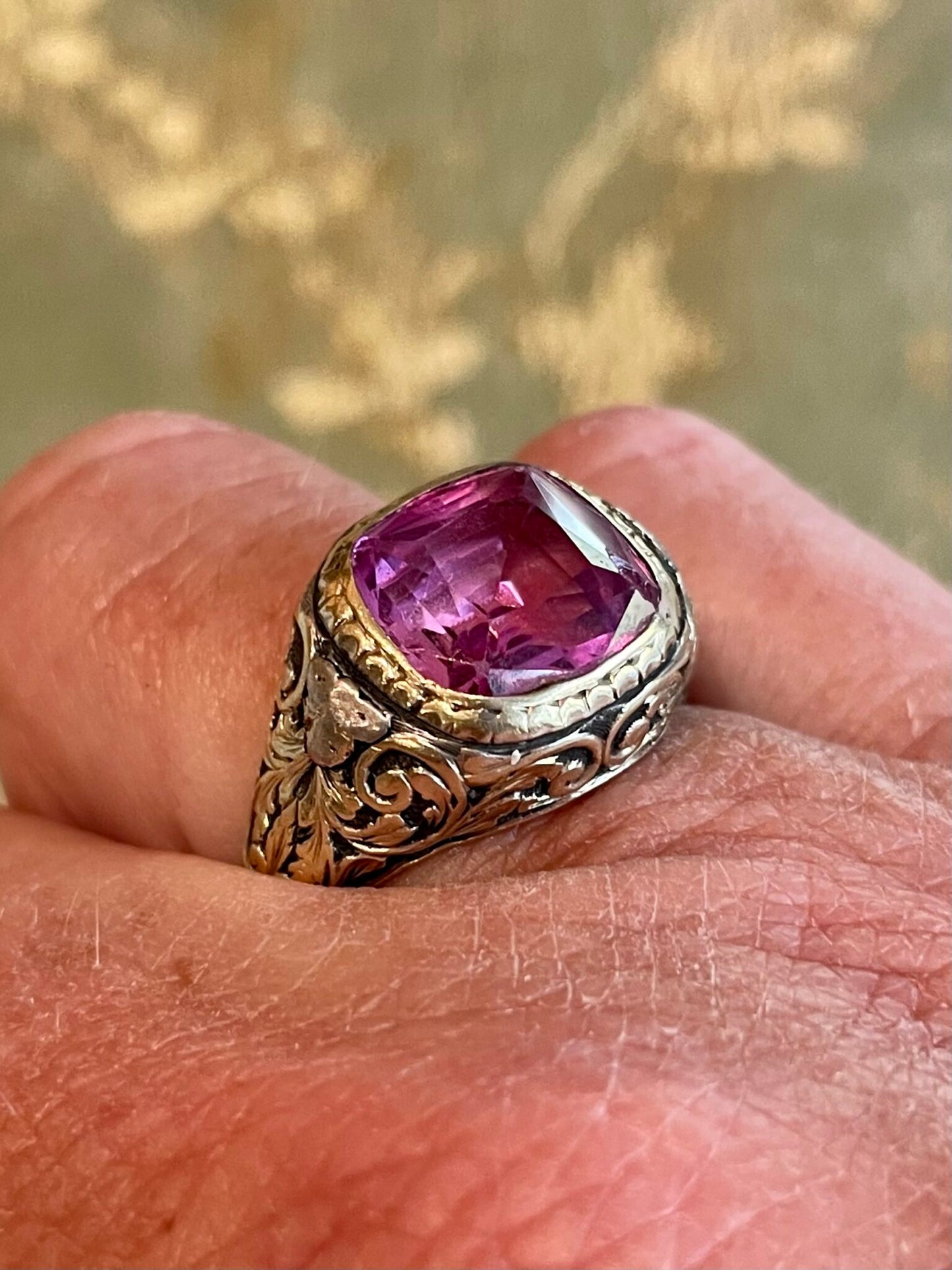 Anello in oro, argento e cristallo rosa, vittoriano