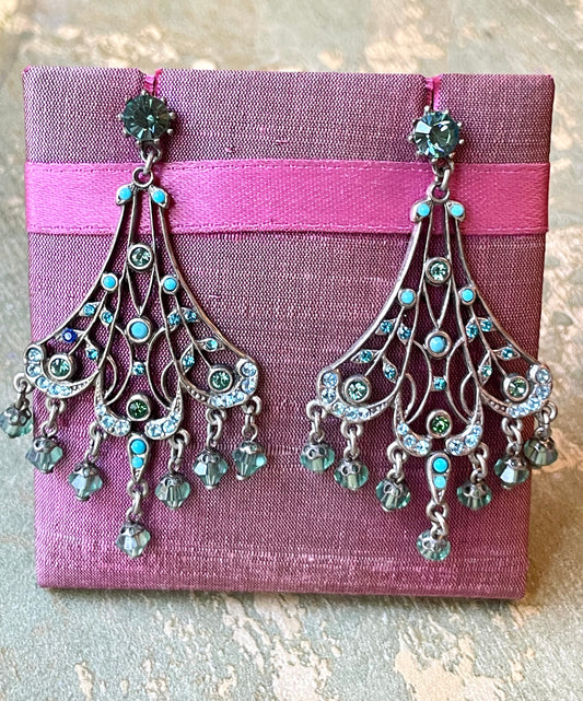 Stupendi orecchini chandelier in argento, turchesi e strass, anni ‘50
