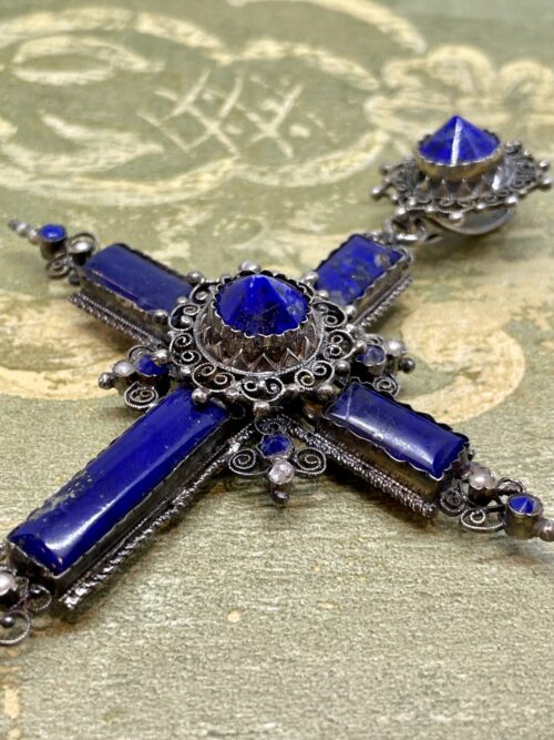 Pendant cross in lapis and silver, France 1850