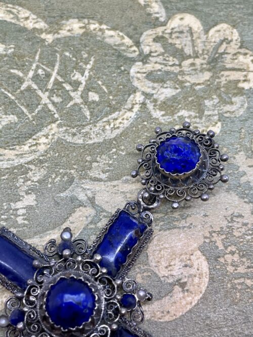 Pendant cross in lapis and silver, France 1850